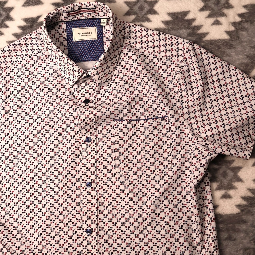 7 Diamonds Freedom Train Short Slv Shirt Mens S White Geometric 4 Way Stretch